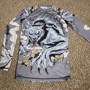 LAFROI Mens Werewolf Rash Guard Long Sleeve Compression MMA BJJ Shirt Grey MD